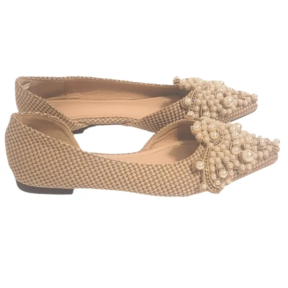 Pearl Embellished Pointed Toe Slip On Shoes Sophisticated Tan Tweed Flats 7.5 - Picture 2 of 14